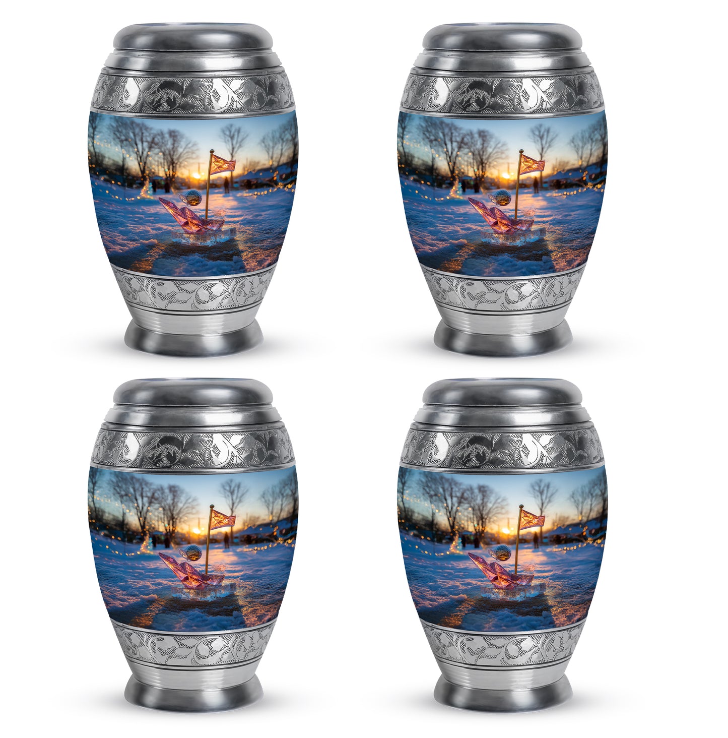 Vivid Blue Golf Cremation Urn urn with complimentary velvet bag - majestic golf pattern with filigree border - 10 inch aluminum urn for cremated remains