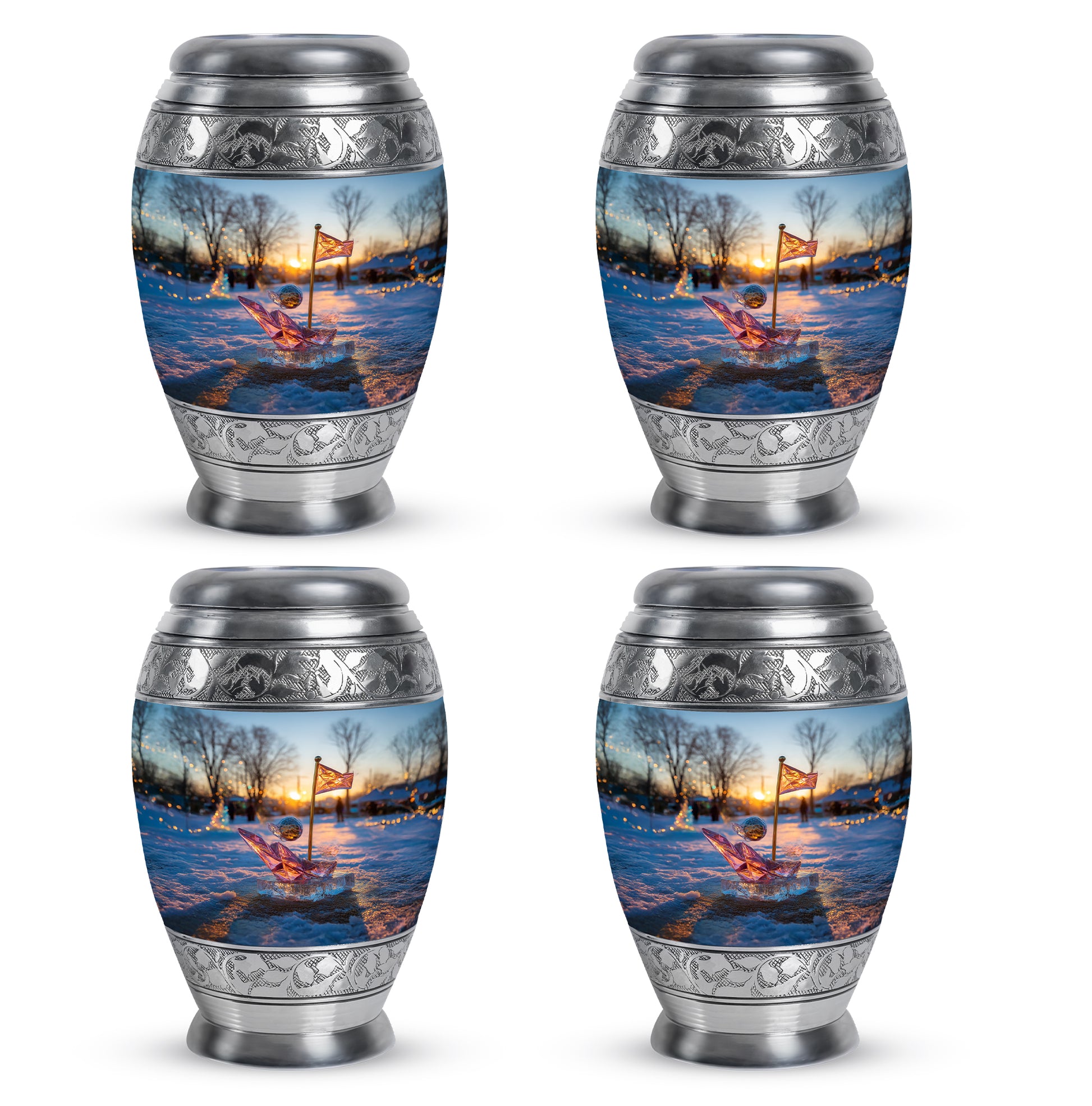 Vivid Blue Golf Cremation Urn urn with complimentary velvet bag - majestic golf pattern with filigree border - 10 inch aluminum urn for cremated remains