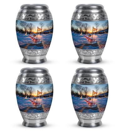 Vivid Blue Golf Cremation Urn urn with complimentary velvet bag - majestic golf pattern with filigree border - 10 inch aluminum urn for cremated remains