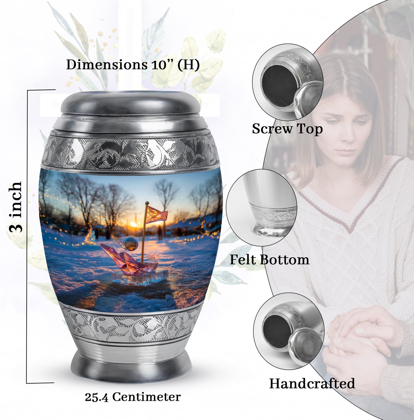 Soft Blue Golf Cremation Urn lifestyle display on memorial shelf - majestic golf pattern with filigree border - mini keepsake memorial for portion of cremation ashes