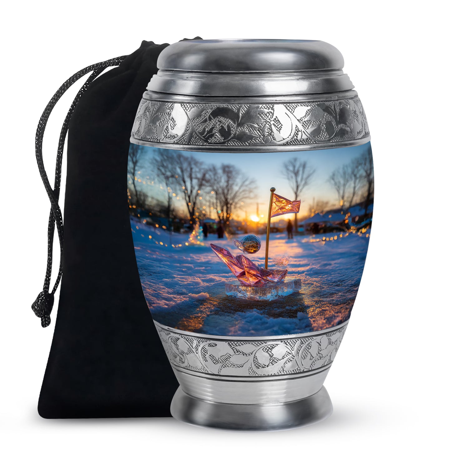 Serene Blue Golf Cremation Urn back view with polished surface - majestic golf pattern with filigree border - full-size 10 inch 200 cubic inch adult cremation urn