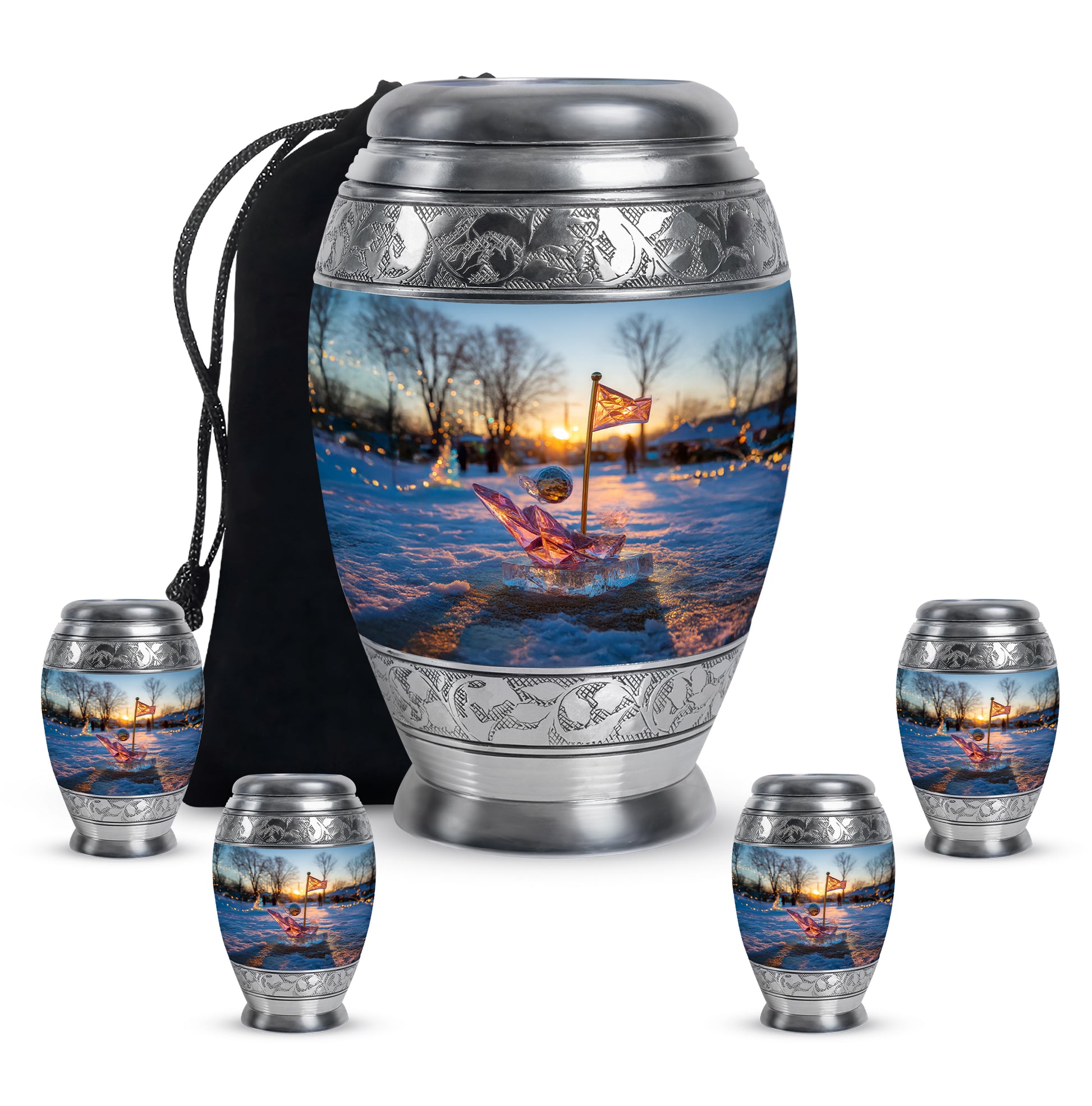 Steel Blue Golf Cremation Urn detail view - royal golf engraving with decorative scrollwork - memorial set with one large and four small urns