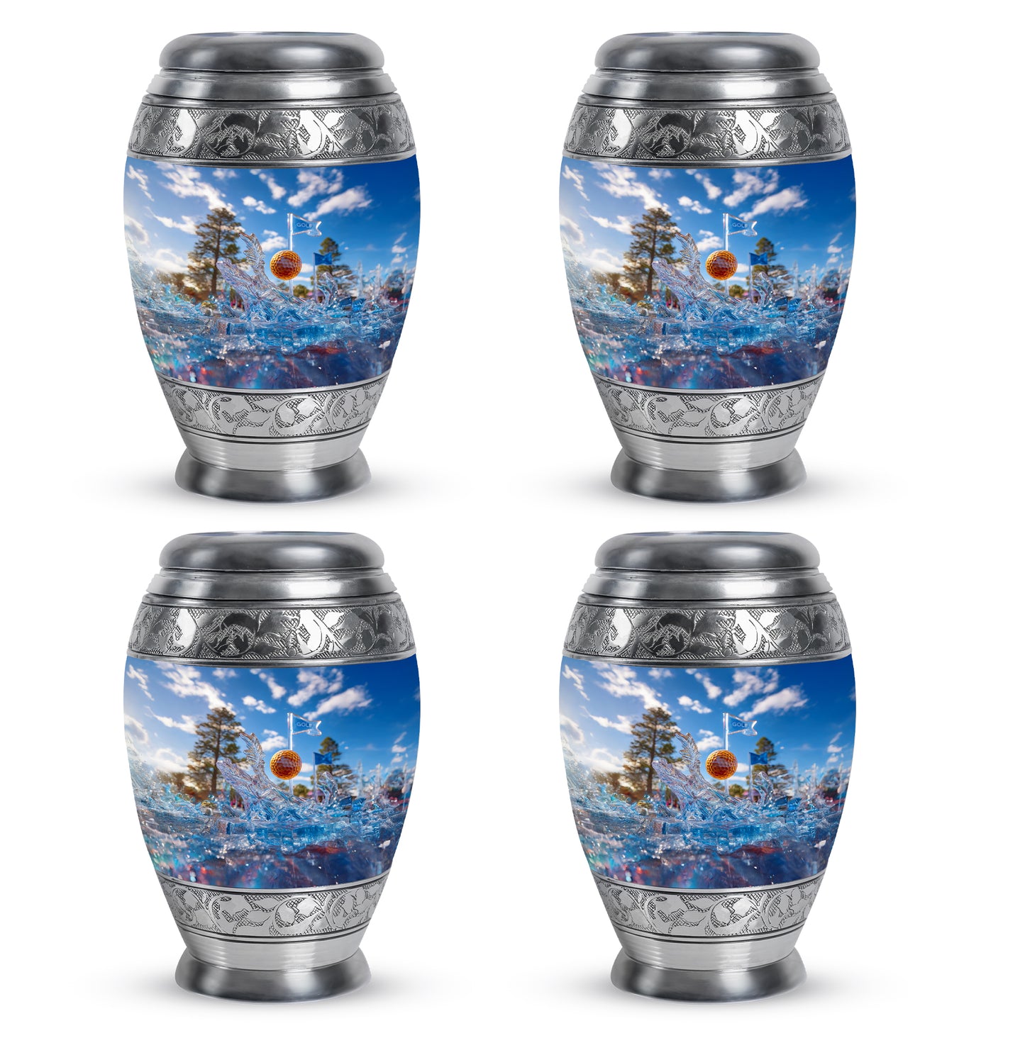 Powder Blue Golf Cremation Urn urn with complimentary velvet bag - regal golf design with crown-inspired accents - 10 inch aluminum urn for cremated remains