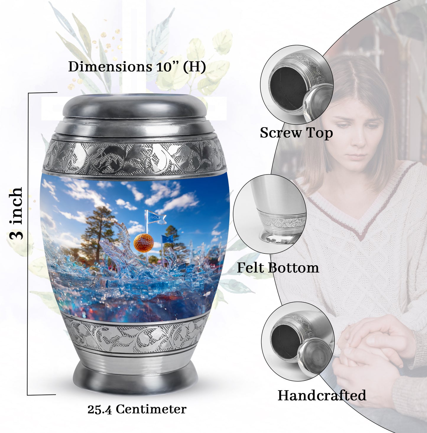 Cobalt Blue Golf Cremation Urn lifestyle display on memorial shelf - majestic golf pattern with filigree border - mini keepsake memorial for portion of cremation ashes
