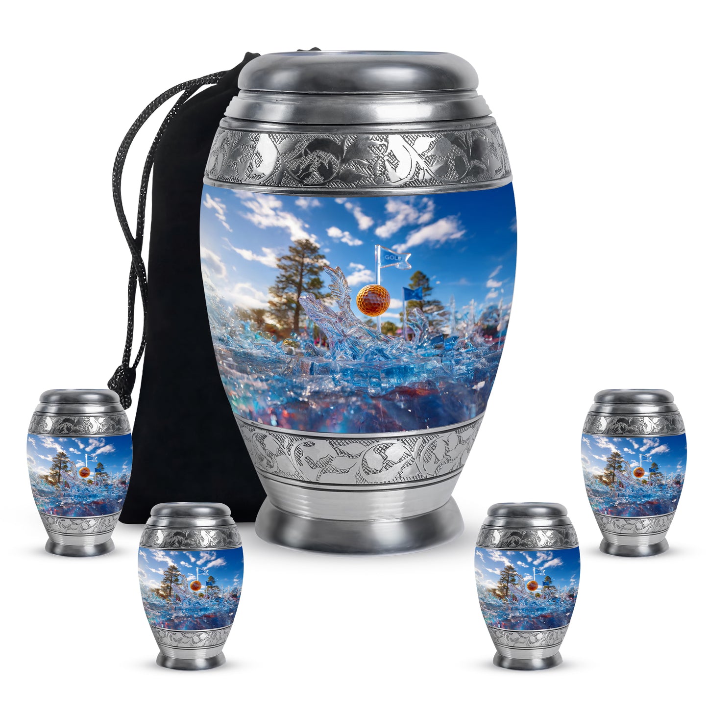 Vivid Blue Golf Cremation Urn detail view - majestic golf pattern with filigree border - memorial set with one large and four small urns
