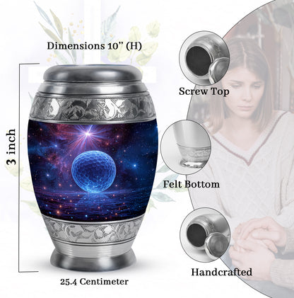 Deep Purple Golf Cremation Urn lifestyle display on memorial shelf - regal golf design with crown-inspired accents - mini keepsake memorial for portion of cremation ashes