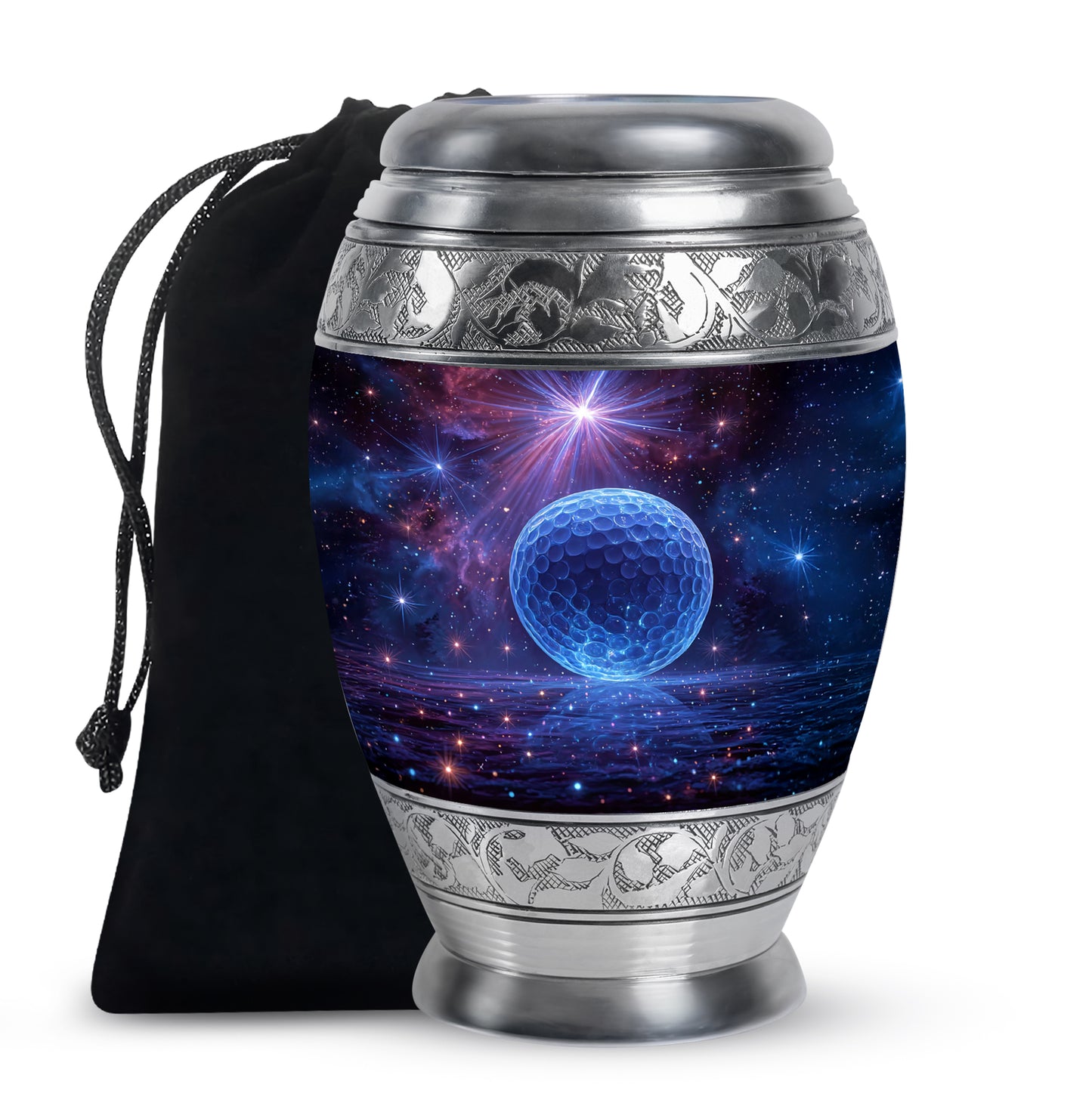 Orchid Purple Golf Cremation Urn back view with polished surface - regal golf design with crown-inspired accents - full-size 10 inch 200 cubic inch adult cremation urn