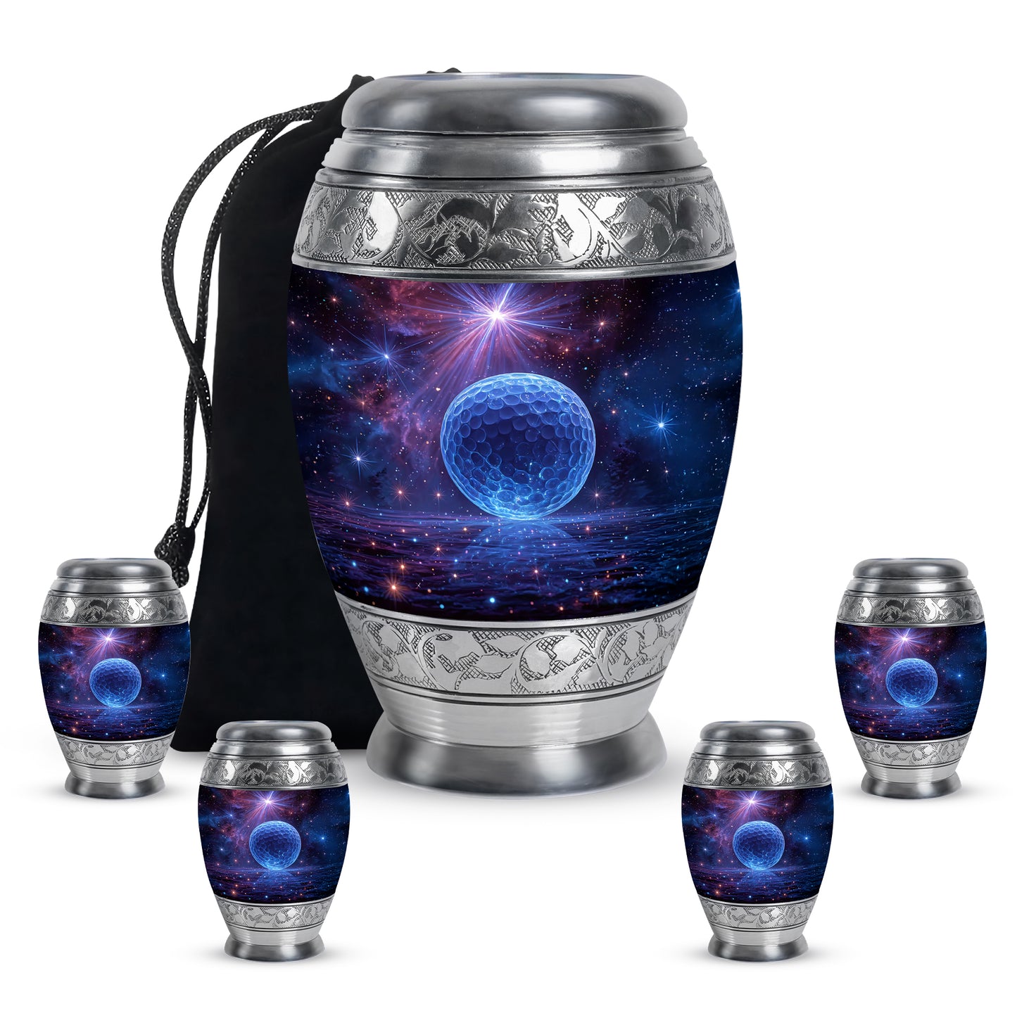Orchid Purple Golf Cremation Urn detail view - regal golf design with crown-inspired accents - memorial set with one large and four small urns
