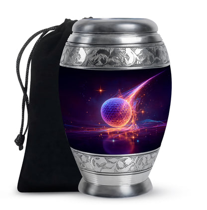 Indigo Golf Cremation Urn back view with polished surface - ornate monarch-style golf relief on brushed aluminum - full-size 10 inch 200 cubic inch adult cremation urn
