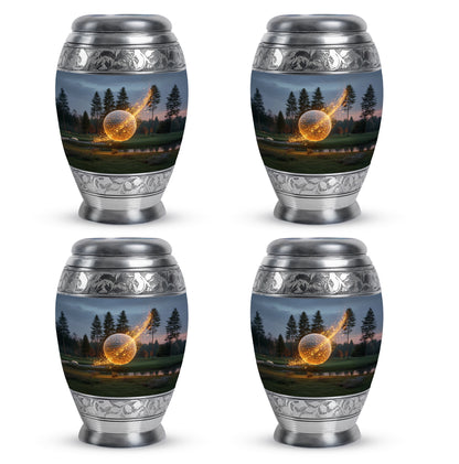 Sapphire Blue Golf Cremation Urn urn with complimentary velvet bag - royal golf engraving with decorative scrollwork - 10 inch aluminum urn for cremated remains