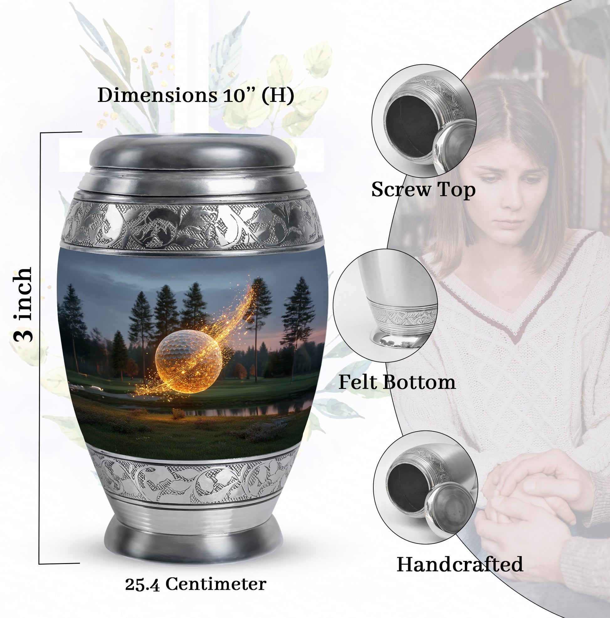 Bright Blue Golf Cremation Urn lifestyle display on memorial shelf - majestic golf pattern with filigree border - mini keepsake memorial for portion of cremation ashes