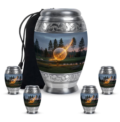 Azure Golf Cremation Urn detail view - regal golf design with crown-inspired accents - memorial set with one large and four small urns