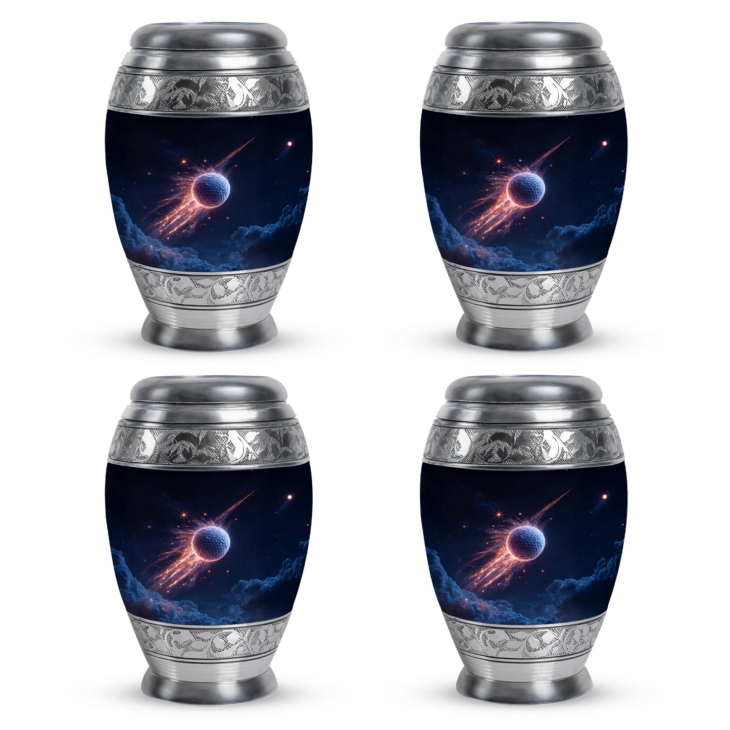 Vivid Blue Golf Cremation Urn urn with complimentary velvet bag - royal golf engraving with decorative scrollwork - 10 inch aluminum urn for cremated remains