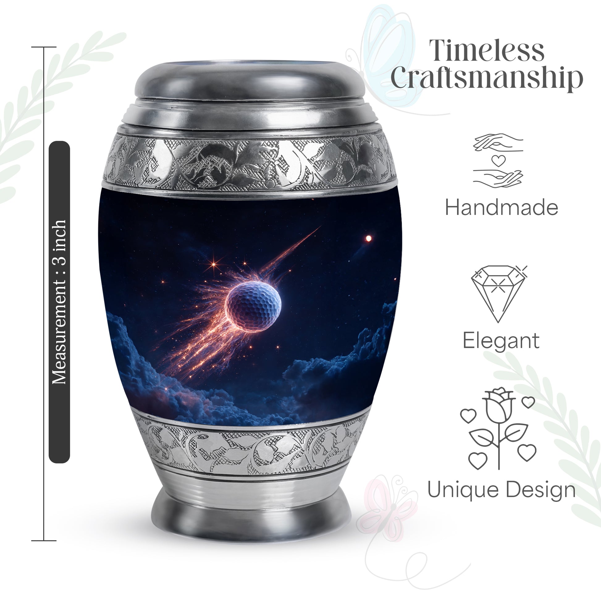 Sky Blue Golf Cremation Urn lifestyle display on memorial shelf - regal golf design with crown-inspired accents - mini keepsake memorial for portion of cremation ashes