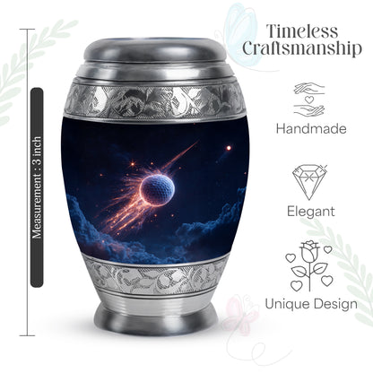 Sky Blue Golf Cremation Urn lifestyle display on memorial shelf - regal golf design with crown-inspired accents - mini keepsake memorial for portion of cremation ashes