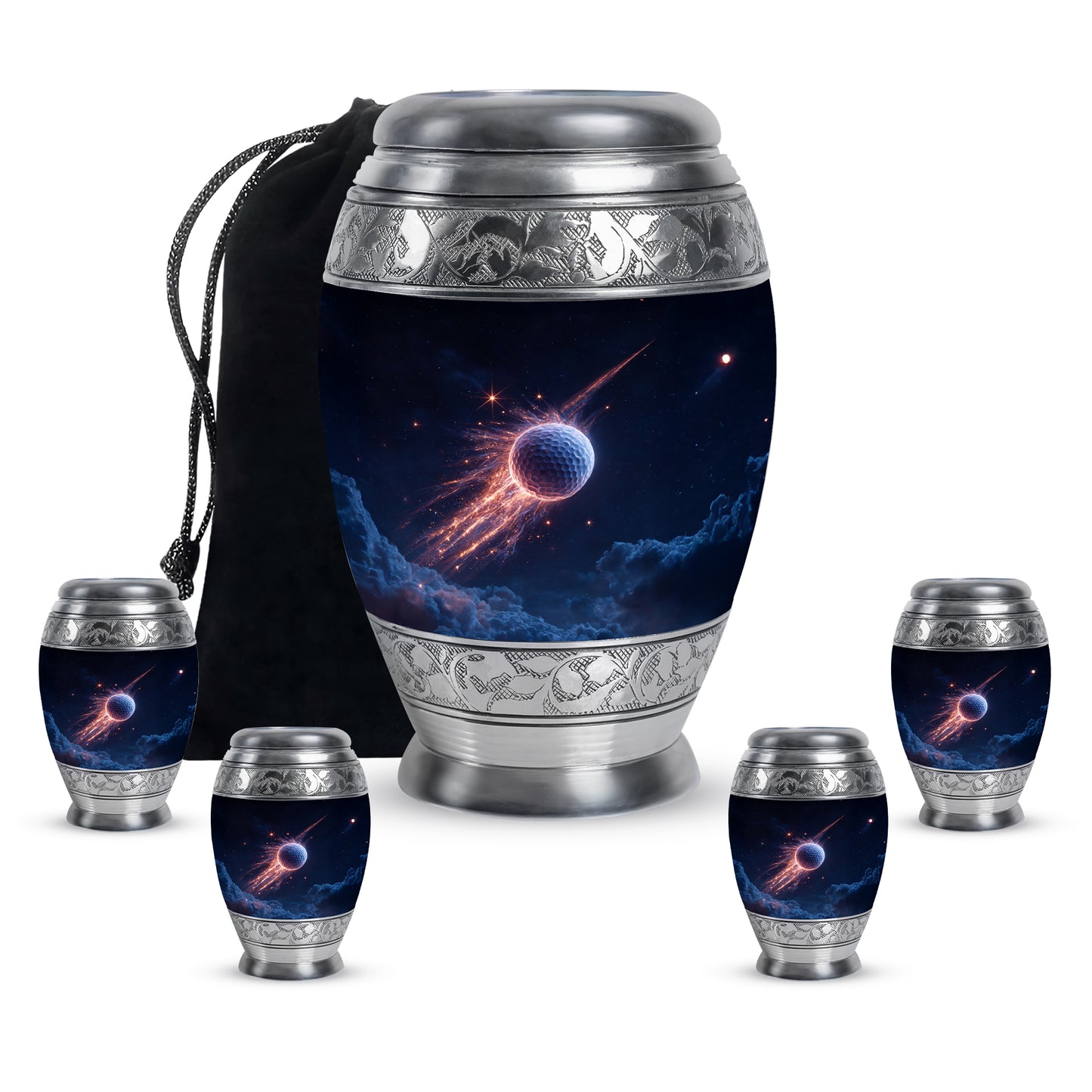 Navy Blue Golf Cremation Urn detail view - regal golf design with crown-inspired accents - memorial set with one large and four small urns