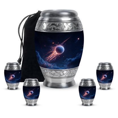 Navy Blue Golf Cremation Urn detail view - regal golf design with crown-inspired accents - memorial set with one large and four small urns