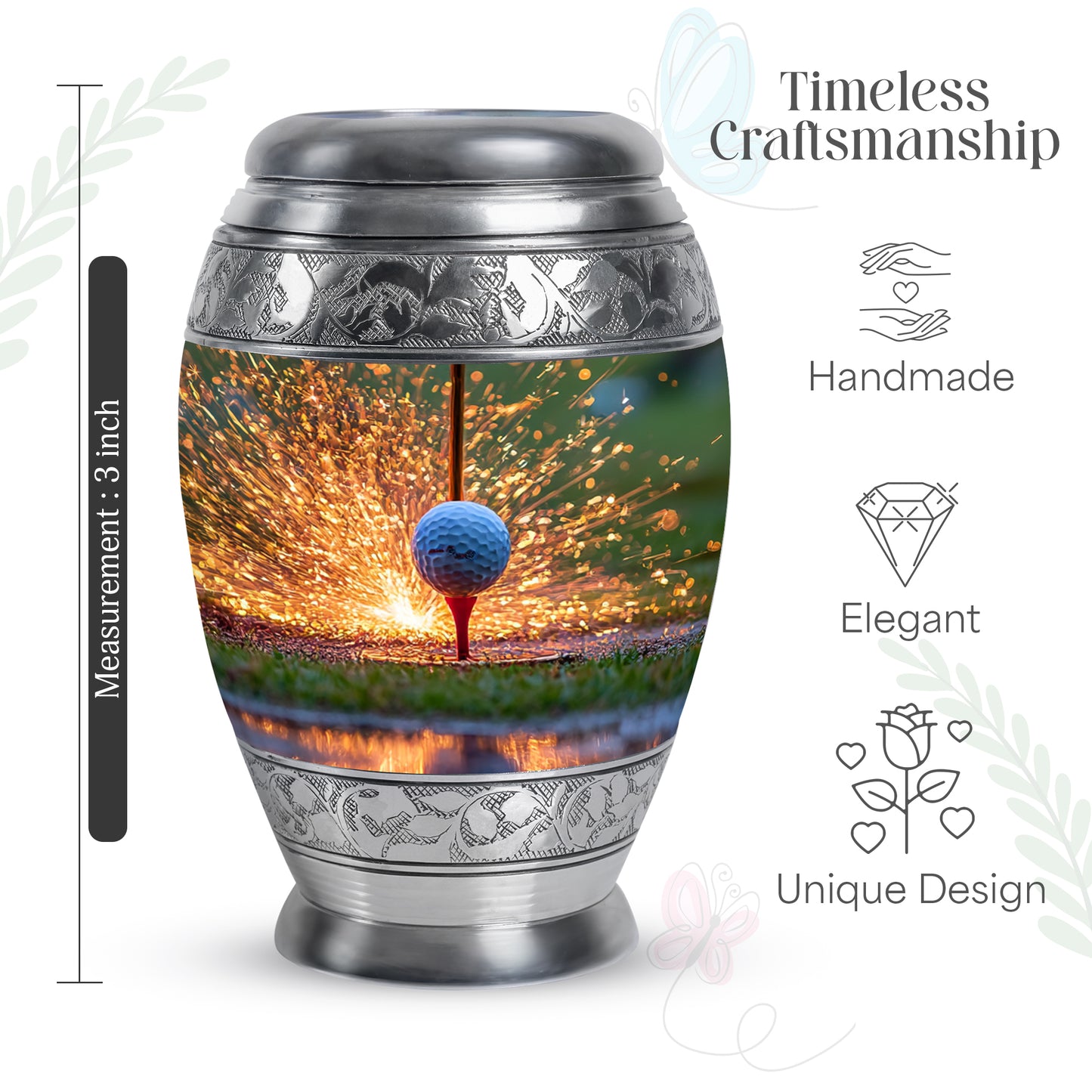 Royal Gold Golf Cremation Urn lifestyle display on memorial shelf - royal golf engraving with decorative scrollwork - mini keepsake memorial for portion of cremation ashes