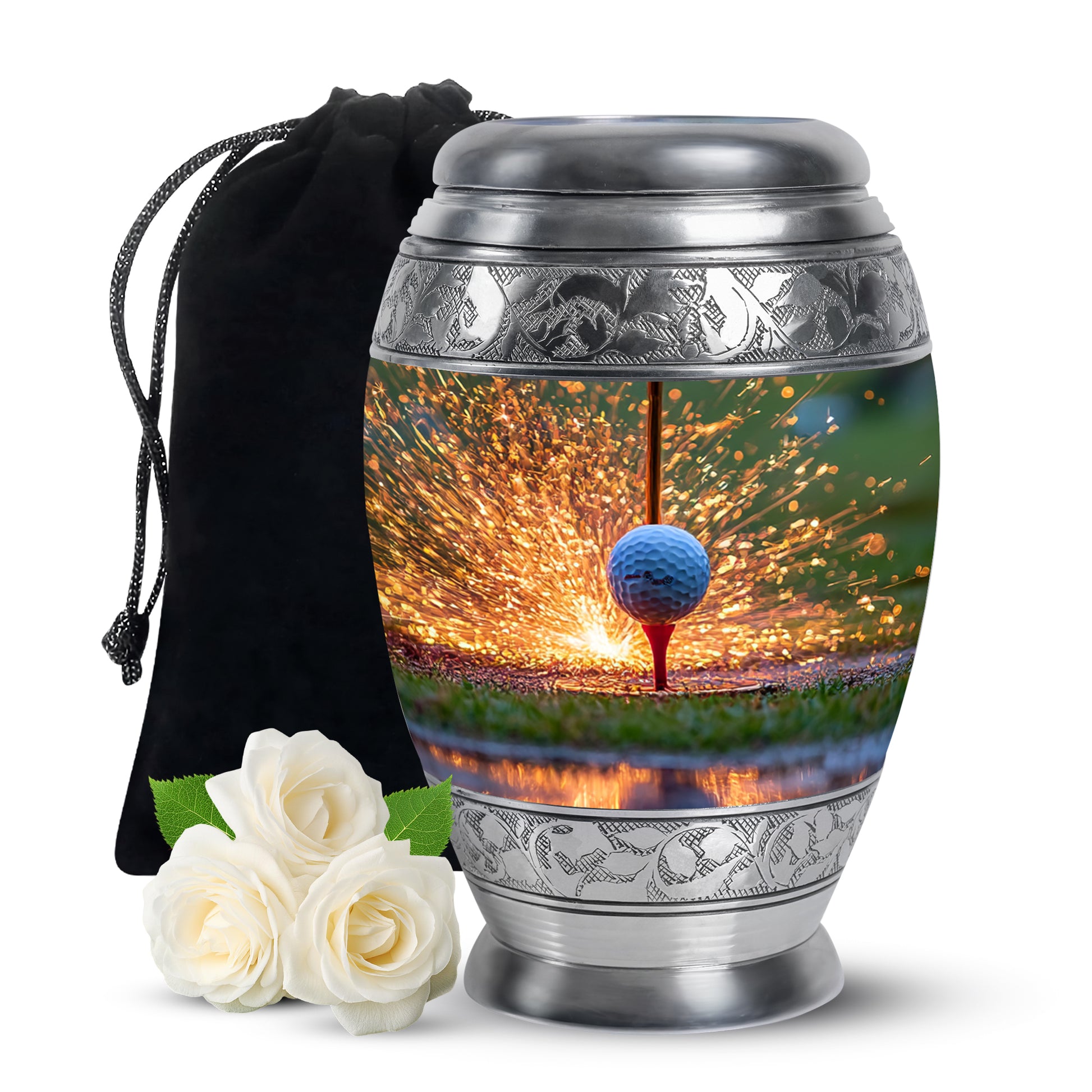 Champagne Gold Golf Cremation Urn back view with polished surface - ornate monarch-style golf relief on brushed aluminum - full-size 10 inch 200 cubic inch adult cremation urn