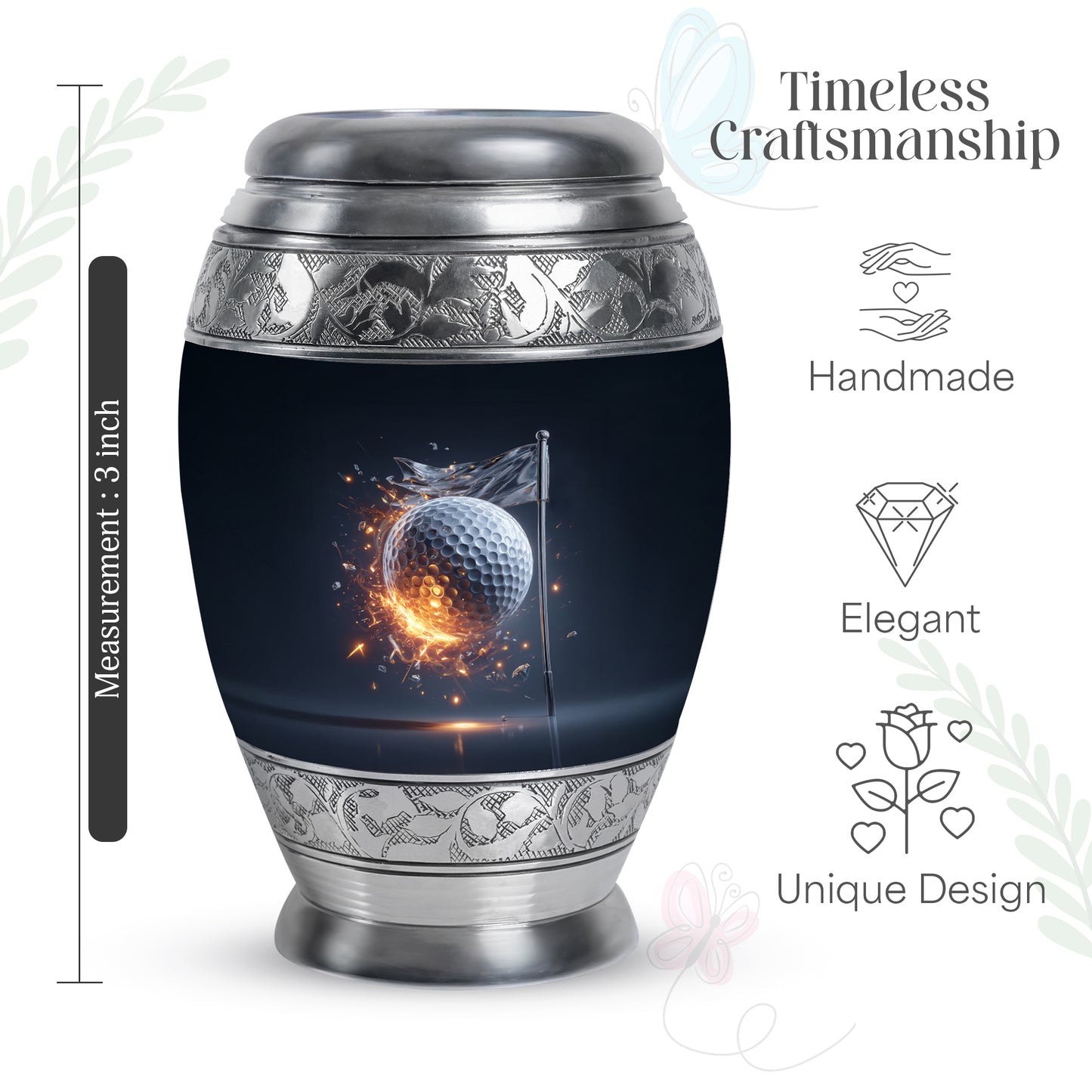 Cobalt Blue Golf Cremation Urn lifestyle display on memorial shelf - majestic golf pattern with filigree border - mini keepsake memorial for portion of cremation ashes
