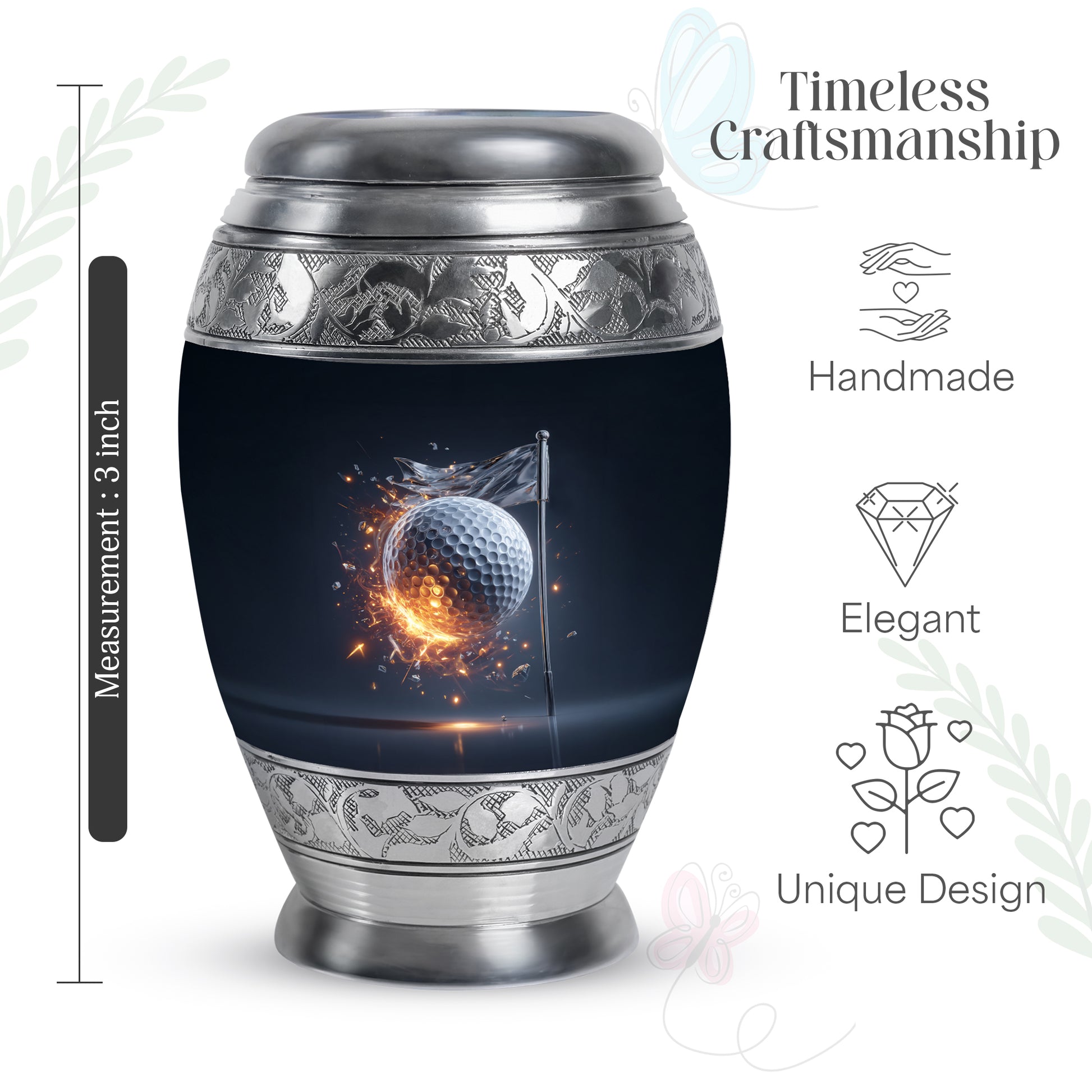 Cobalt Blue Golf Cremation Urn lifestyle display on memorial shelf - majestic golf pattern with filigree border - mini keepsake memorial for portion of cremation ashes
