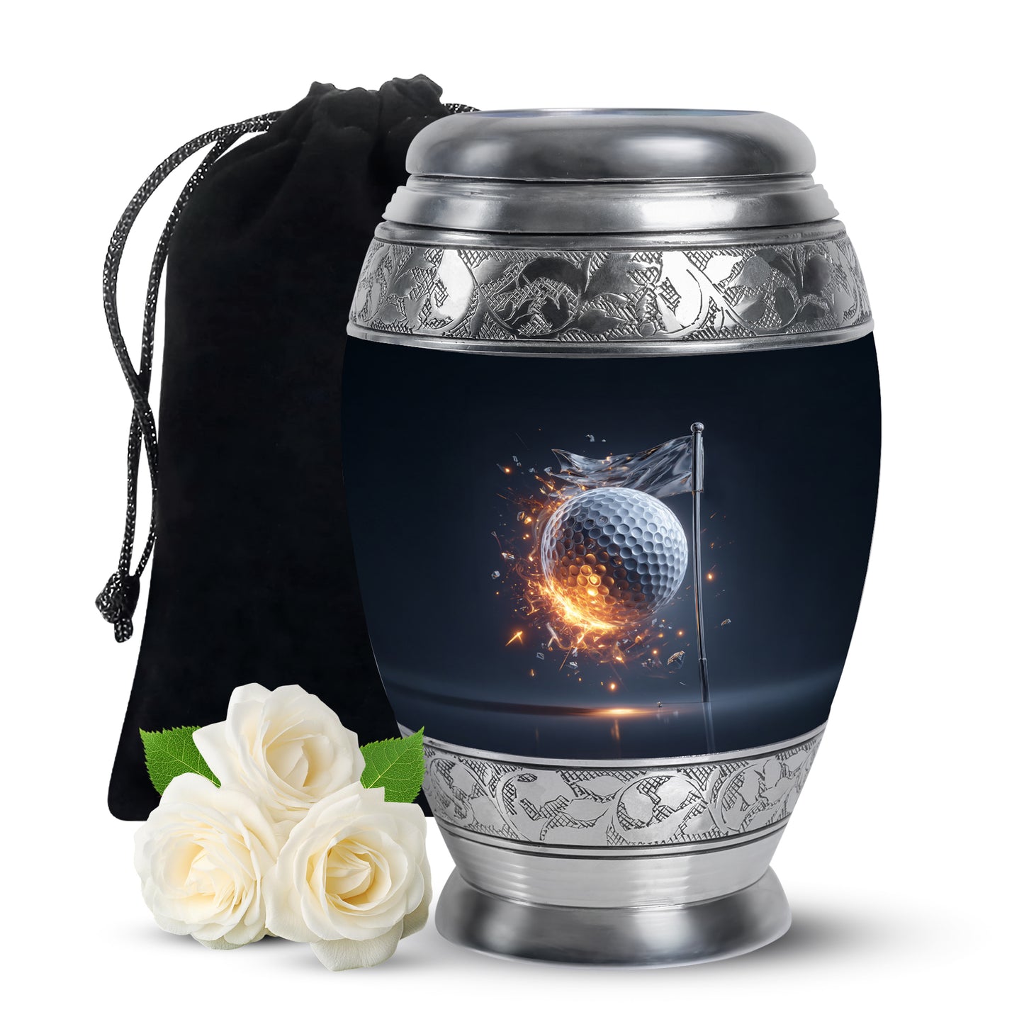 Steel Blue Golf Cremation Urn back view with polished surface - majestic golf pattern with filigree border - full-size 10 inch 200 cubic inch adult cremation urn