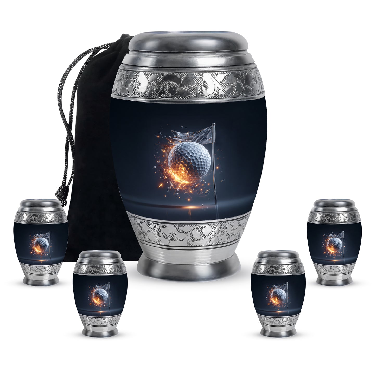 Navy Blue Golf Cremation Urn detail view - ornate monarch-style golf relief on brushed aluminum - memorial set with one large and four small urns
