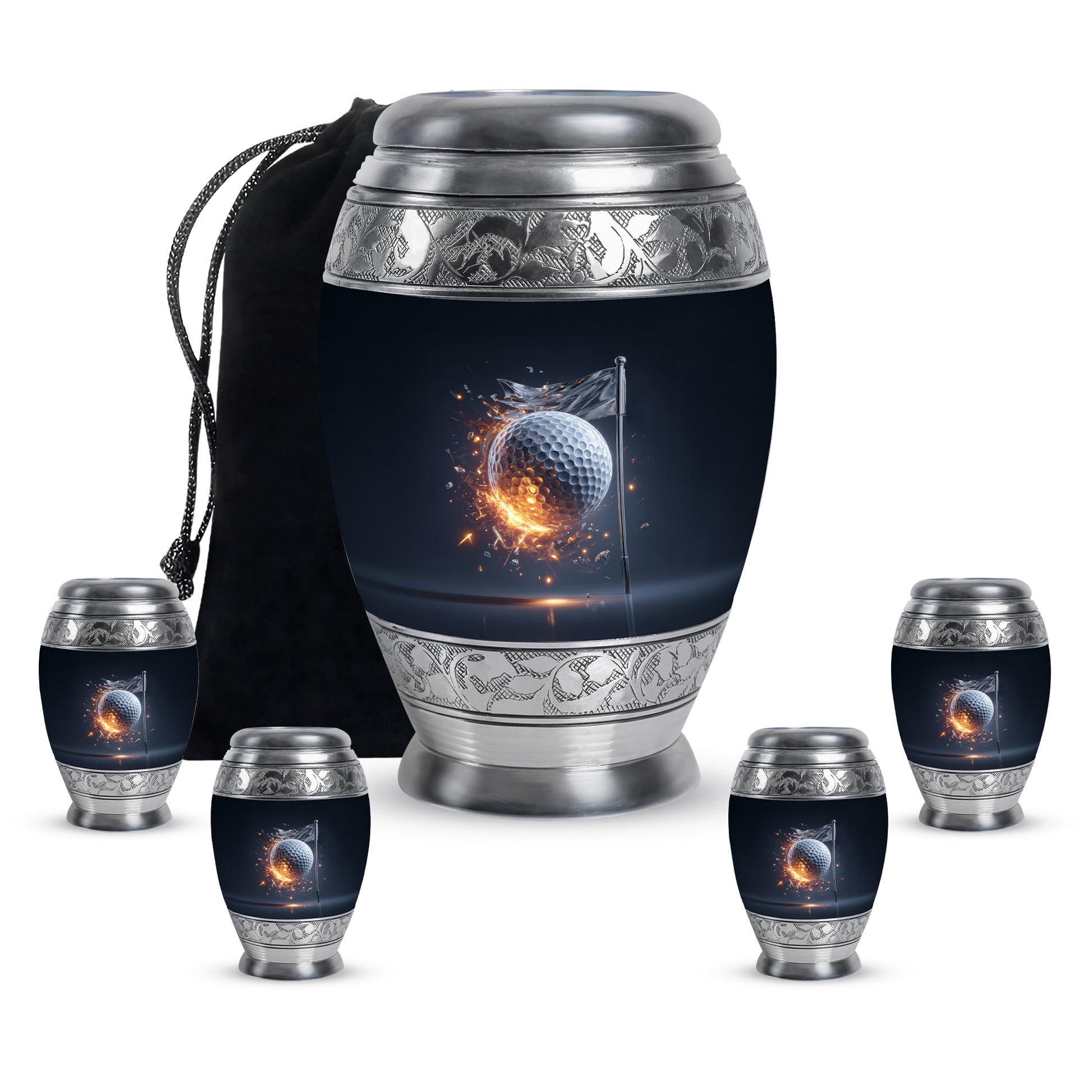 Navy Blue Golf Cremation Urn detail view - ornate monarch-style golf relief on brushed aluminum - memorial set with one large and four small urns