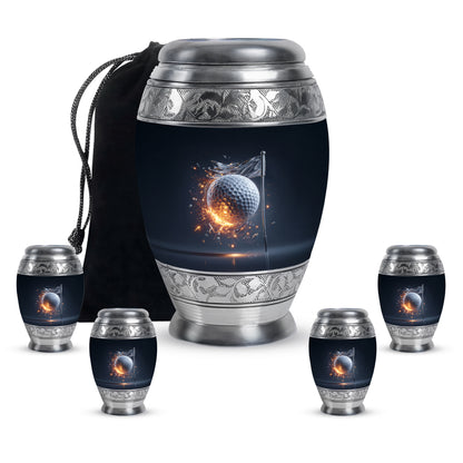 Navy Blue Golf Cremation Urn detail view - ornate monarch-style golf relief on brushed aluminum - memorial set with one large and four small urns
