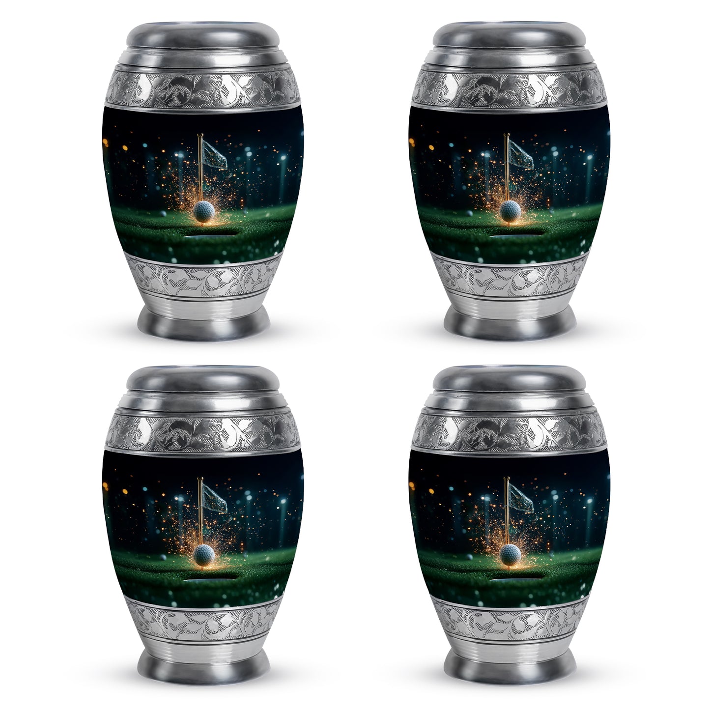 Dark Black Golf Cremation Urn urn with complimentary velvet bag - majestic golf pattern with filigree border - 10 inch aluminum urn for cremated remains