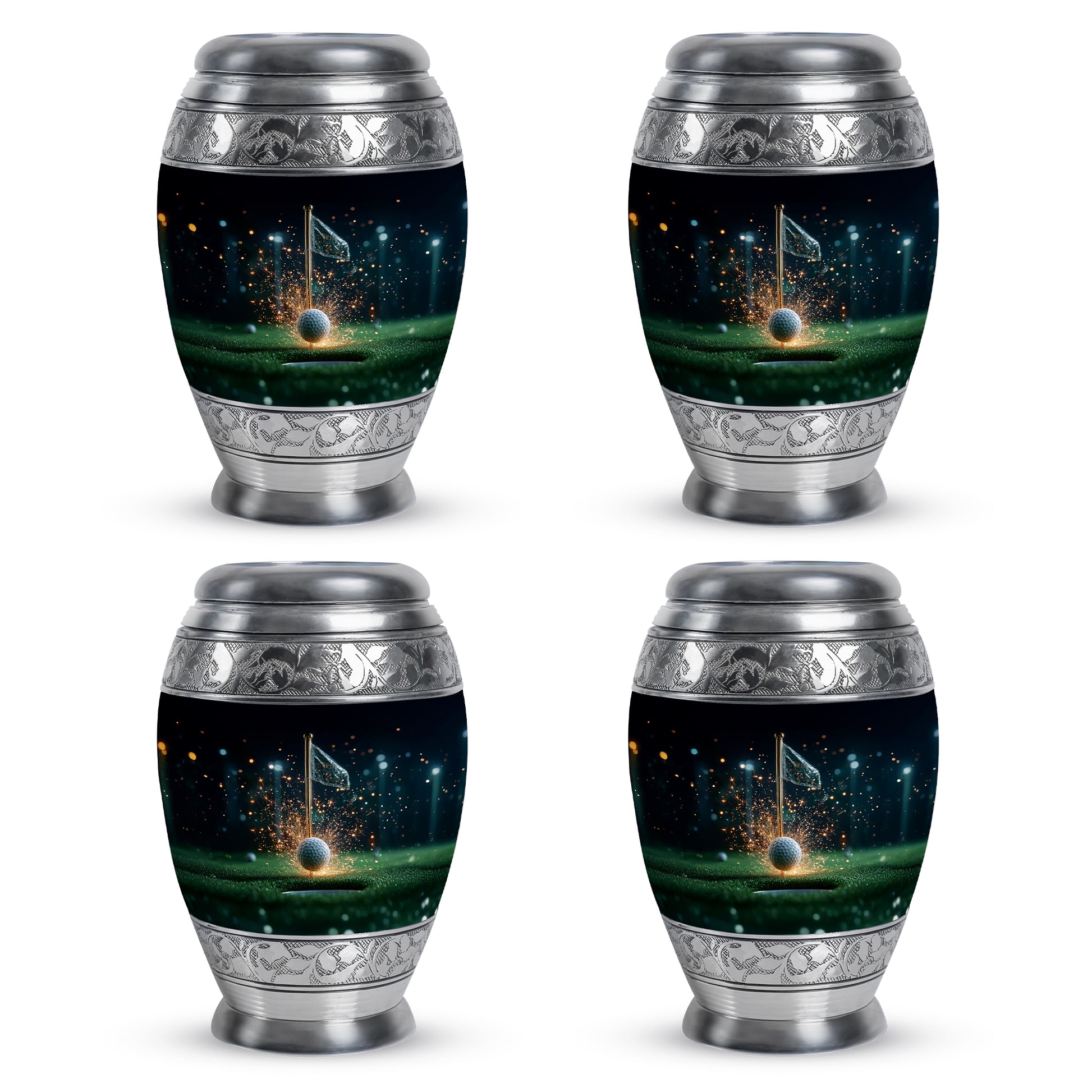 Dark Black Golf Cremation Urn urn with complimentary velvet bag - majestic golf pattern with filigree border - 10 inch aluminum urn for cremated remains