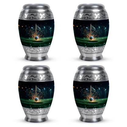 Dark Black Golf Cremation Urn urn with complimentary velvet bag - majestic golf pattern with filigree border - 10 inch aluminum urn for cremated remains