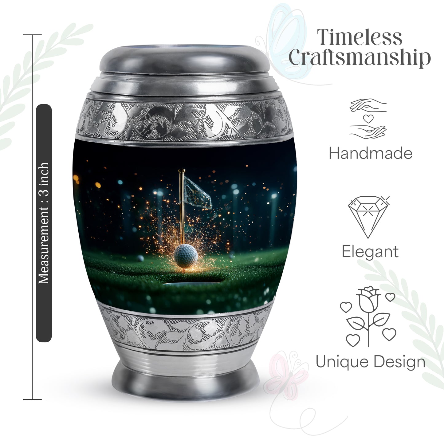 Jet Black Golf Cremation Urn lifestyle display on memorial shelf - ornate monarch-style golf relief on brushed aluminum - mini keepsake memorial for portion of cremation ashes