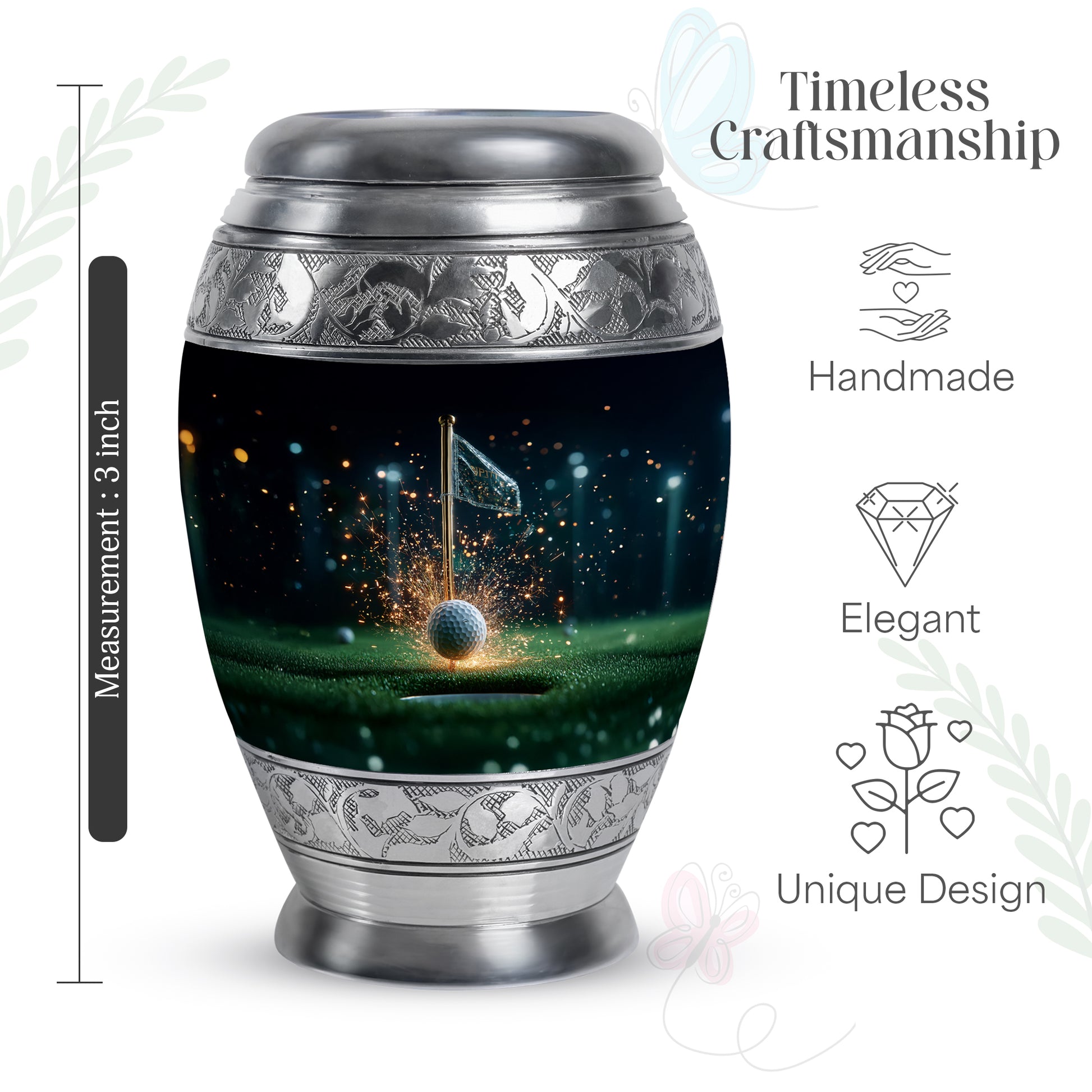 Jet Black Golf Cremation Urn lifestyle display on memorial shelf - ornate monarch-style golf relief on brushed aluminum - mini keepsake memorial for portion of cremation ashes