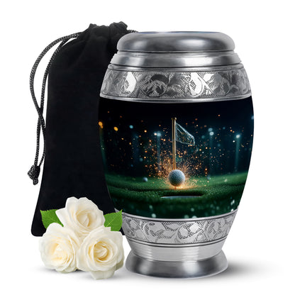 Dark Black Golf Cremation Urn back view with polished surface - majestic golf pattern with filigree border - full-size 10 inch 200 cubic inch adult cremation urn