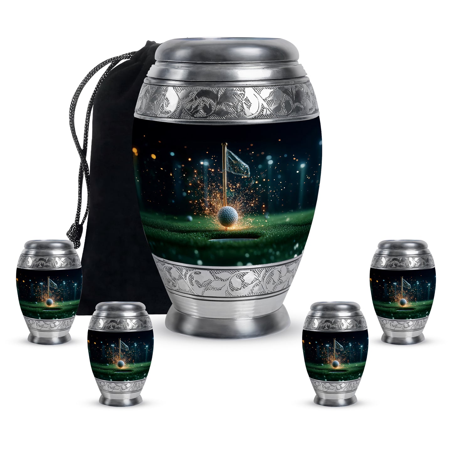 Dark Black Golf Cremation Urn detail view - royal golf engraving with decorative scrollwork - memorial set with one large and four small urns