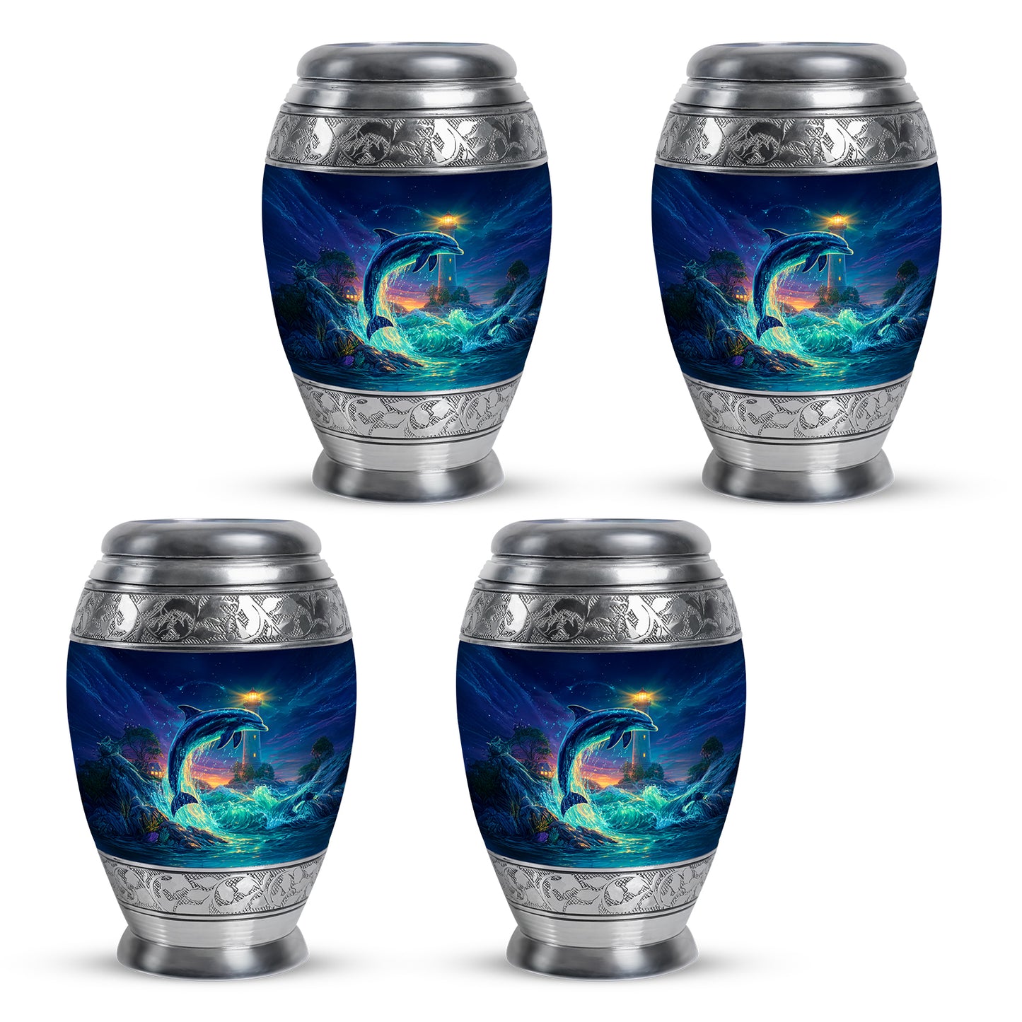 Steel Blue Dolphin Cremation Urn urn with complimentary velvet bag - royal dolphin engraving with decorative scrollwork - 10 inch aluminum urn for cremated remains