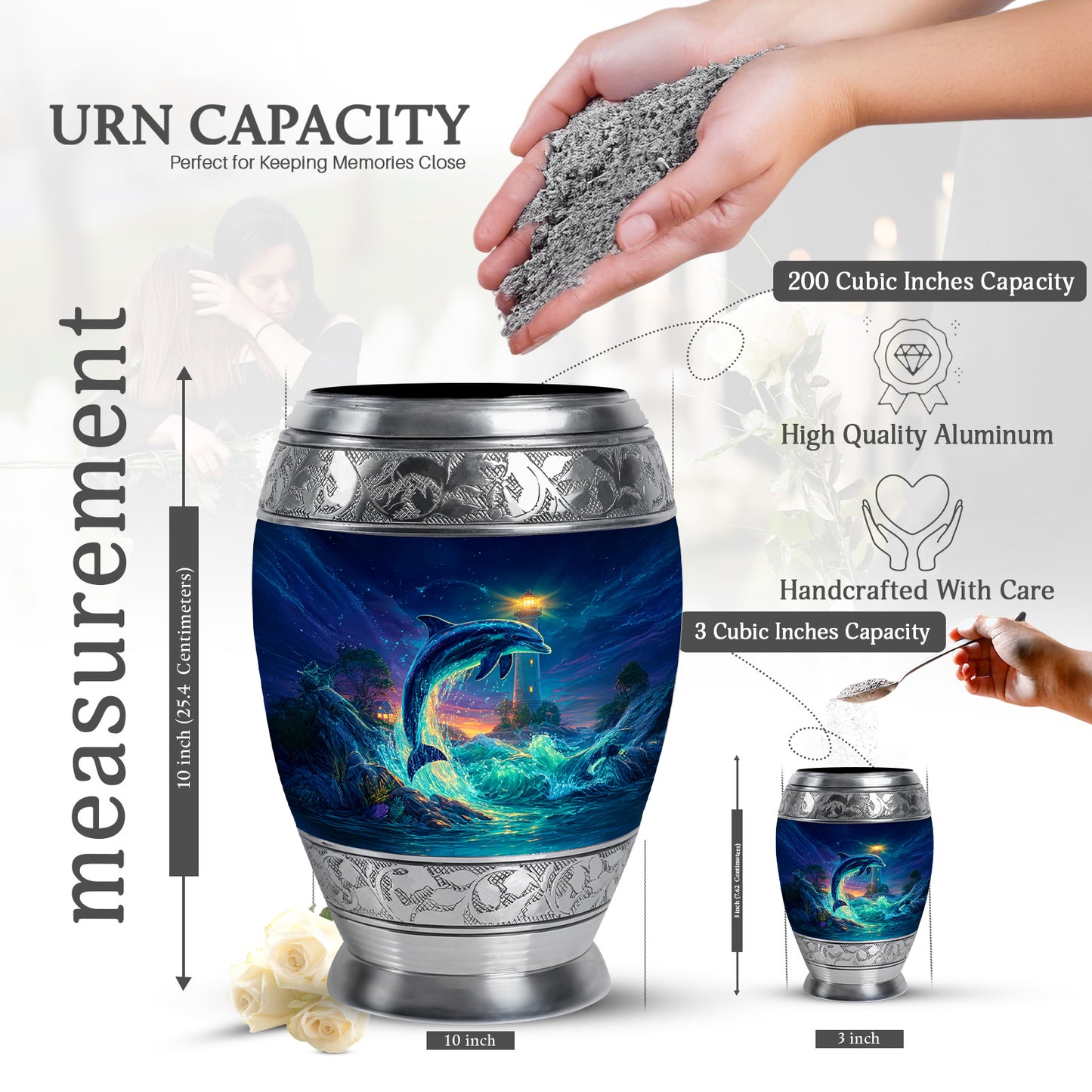 Twilight Blue Dolphin Cremation Urn lifestyle display on memorial shelf - majestic dolphin pattern with filigree border - mini keepsake memorial for portion of cremation ashes