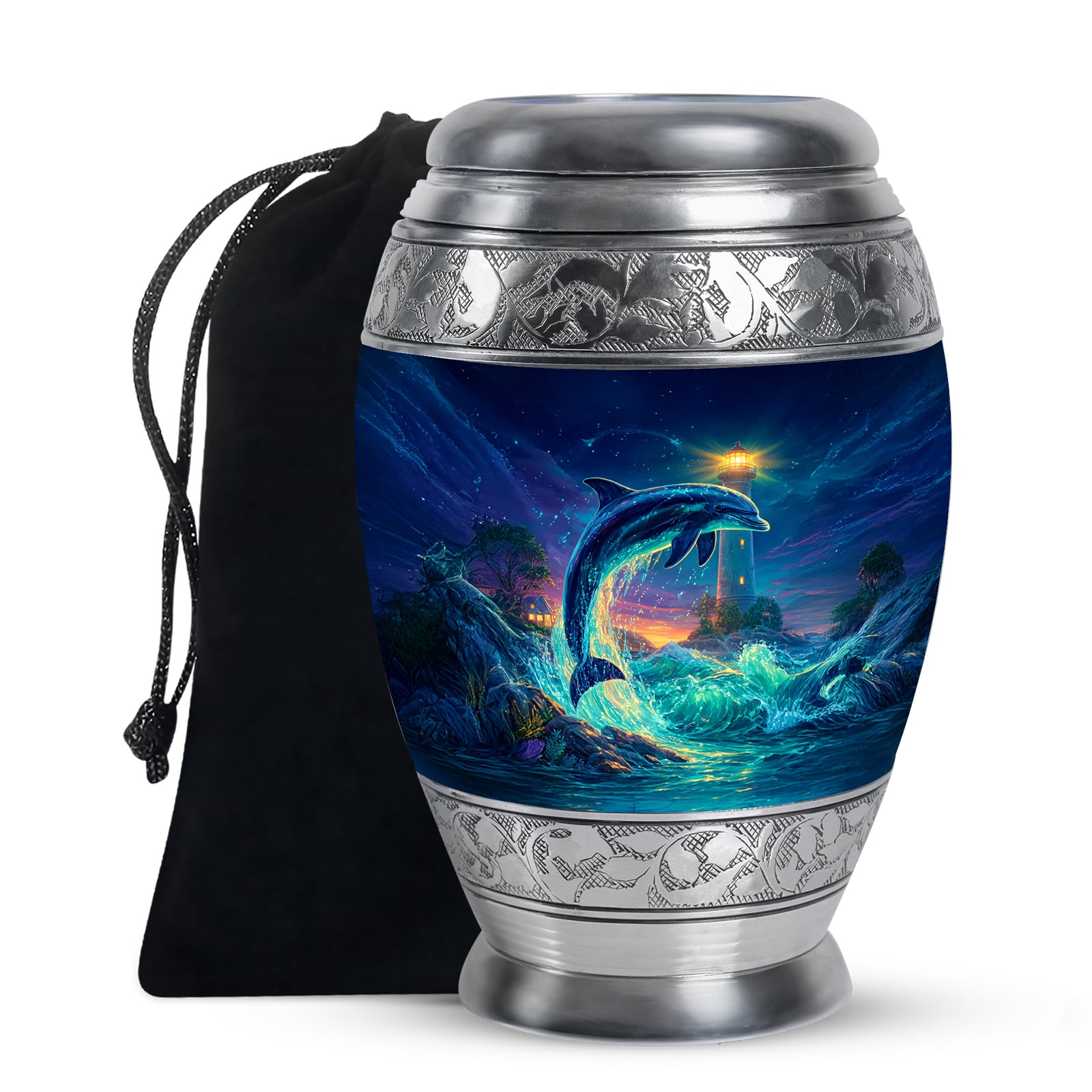 Twilight Blue Dolphin Cremation Urn back view with polished surface - majestic dolphin pattern with filigree border - full-size 10 inch 200 cubic inch adult cremation urn