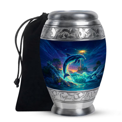 Twilight Blue Dolphin Cremation Urn back view with polished surface - majestic dolphin pattern with filigree border - full-size 10 inch 200 cubic inch adult cremation urn