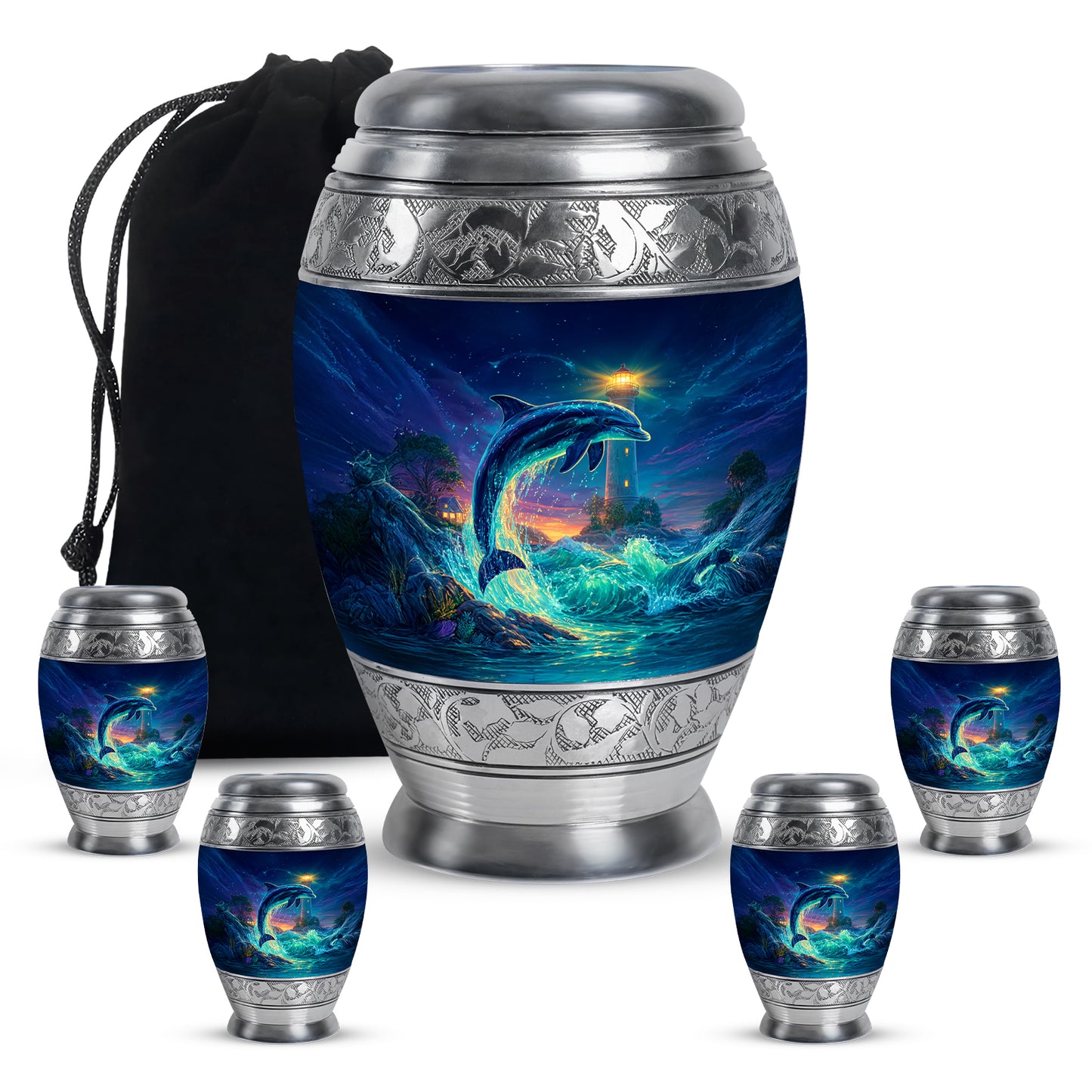 Azure Dolphin Cremation Urn detail view - regal dolphin design with crown-inspired accents - memorial set with one large and four small urns