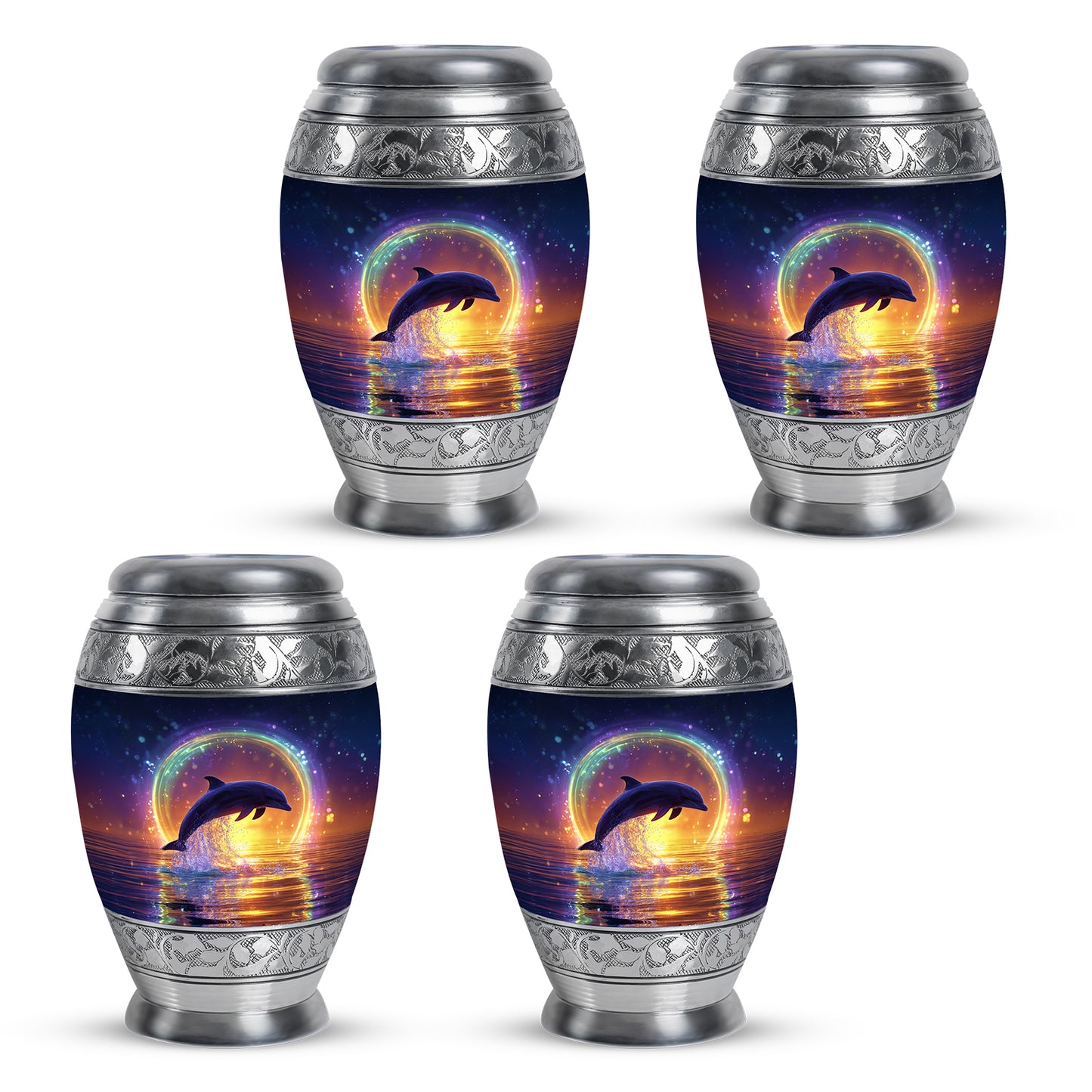 Cornflower Blue Dolphin Cremation Urn urn with complimentary velvet bag - majestic dolphin pattern with filigree border - 10 inch aluminum urn for cremated remains