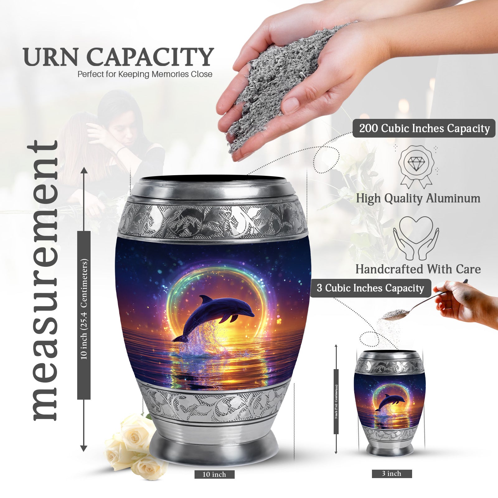 Navy Blue Dolphin Cremation Urn lifestyle display on memorial shelf - regal dolphin design with crown-inspired accents - mini keepsake memorial for portion of cremation ashes