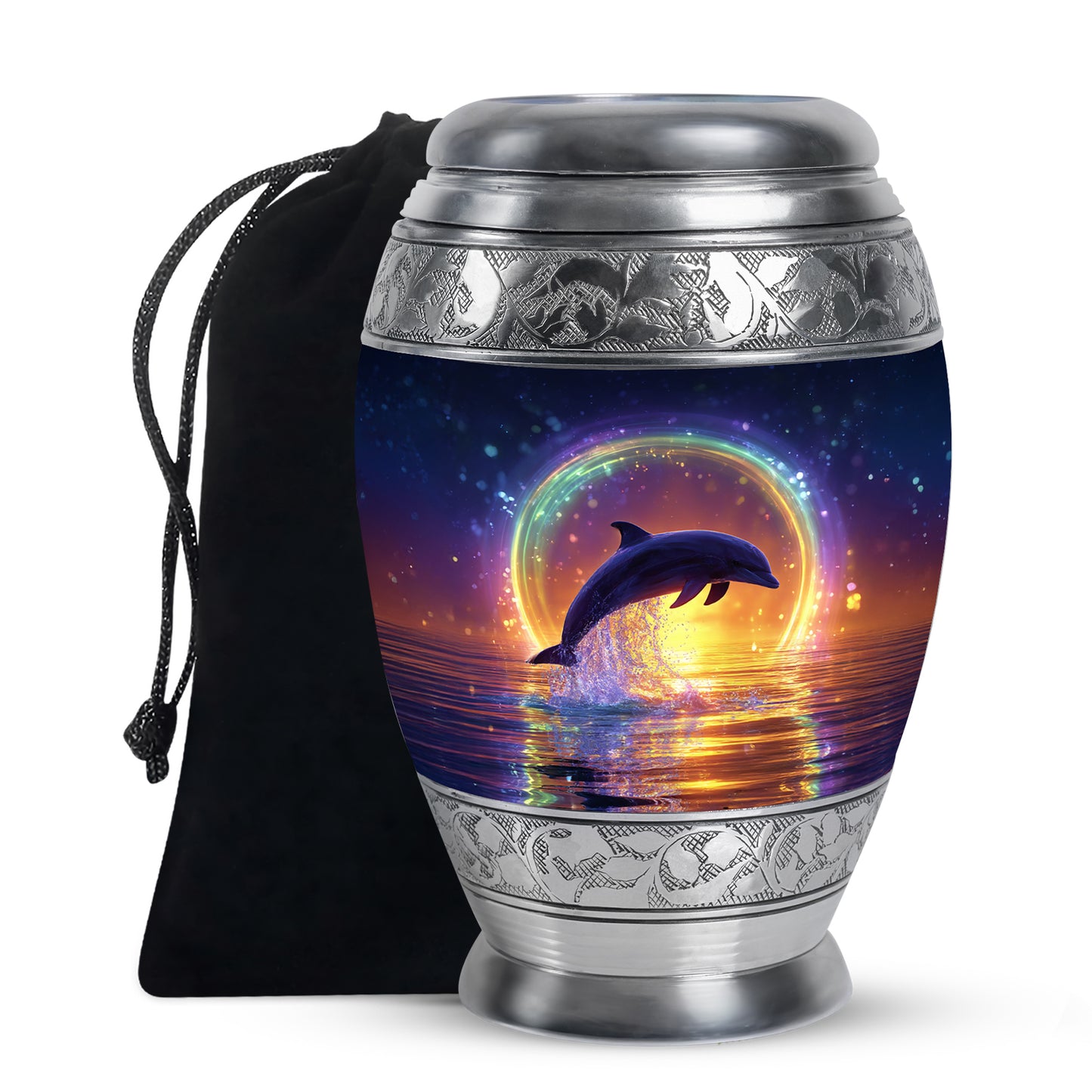 Navy Blue Dolphin Cremation Urn back view with polished surface - regal dolphin design with crown-inspired accents - full-size 10 inch 200 cubic inch adult cremation urn