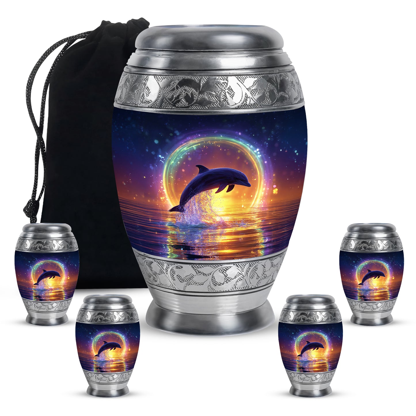 Cobalt Blue Dolphin Cremation Urn detail view - majestic dolphin pattern with filigree border - memorial set with one large and four small urns