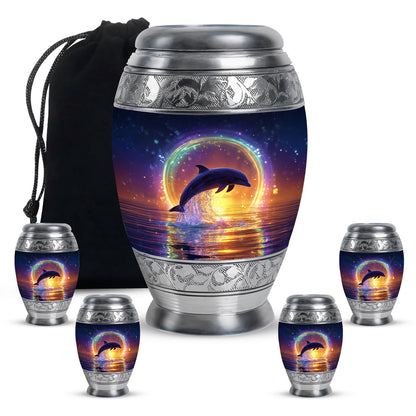 Cobalt Blue Dolphin Cremation Urn detail view - majestic dolphin pattern with filigree border - memorial set with one large and four small urns