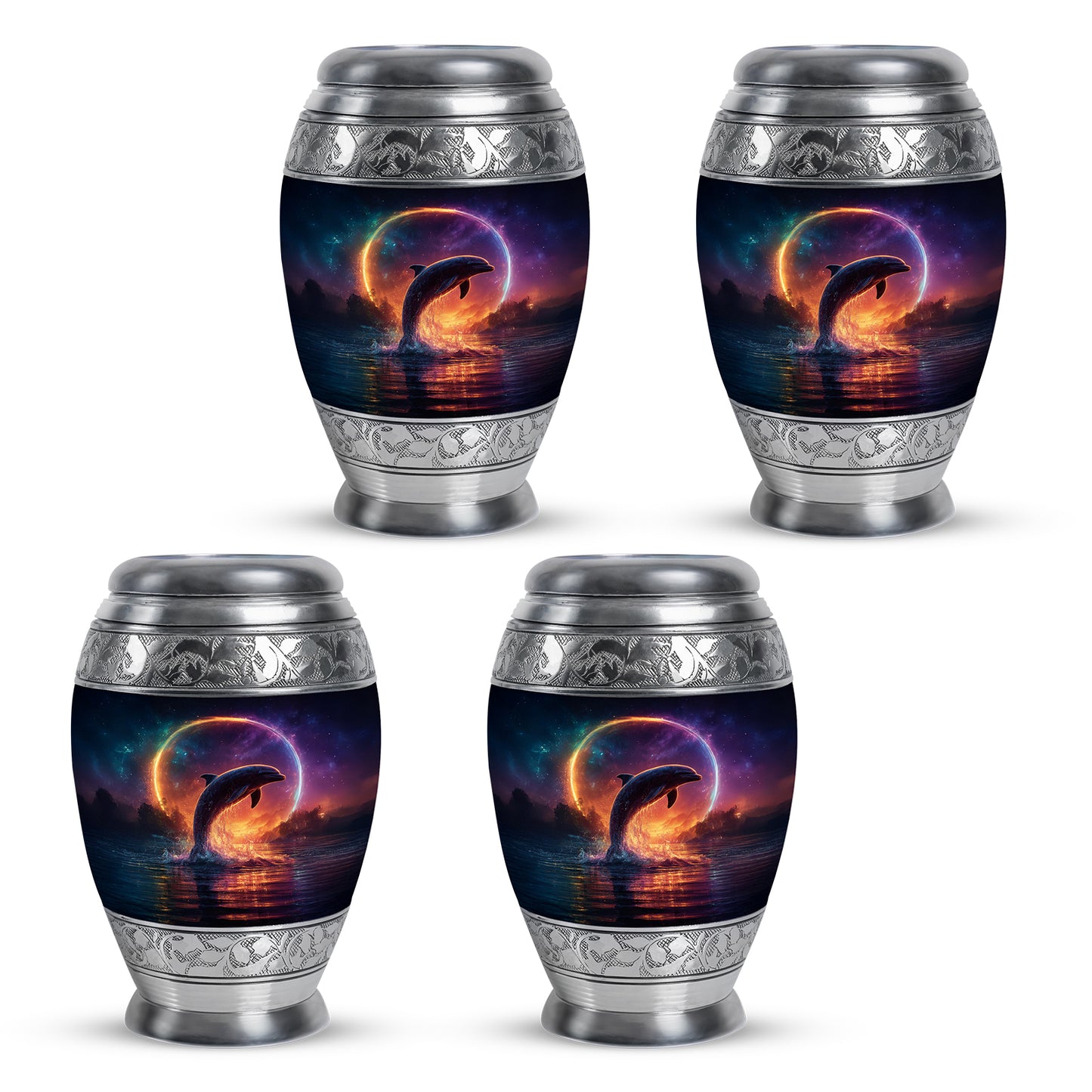 Icy Blue Dolphin Cremation Urn urn with complimentary velvet bag - regal dolphin design with crown-inspired accents - 10 inch aluminum urn for cremated remains