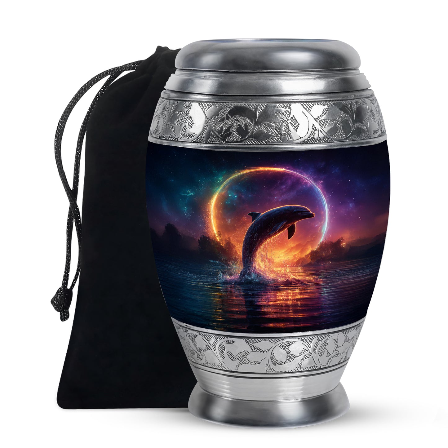 Bright Blue Dolphin Cremation Urn back view with polished surface - majestic dolphin pattern with filigree border - full-size 10 inch 200 cubic inch adult cremation urn