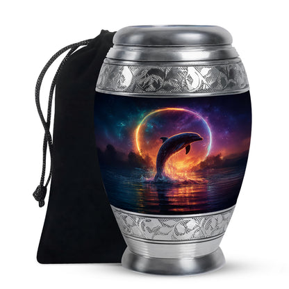 Bright Blue Dolphin Cremation Urn back view with polished surface - majestic dolphin pattern with filigree border - full-size 10 inch 200 cubic inch adult cremation urn