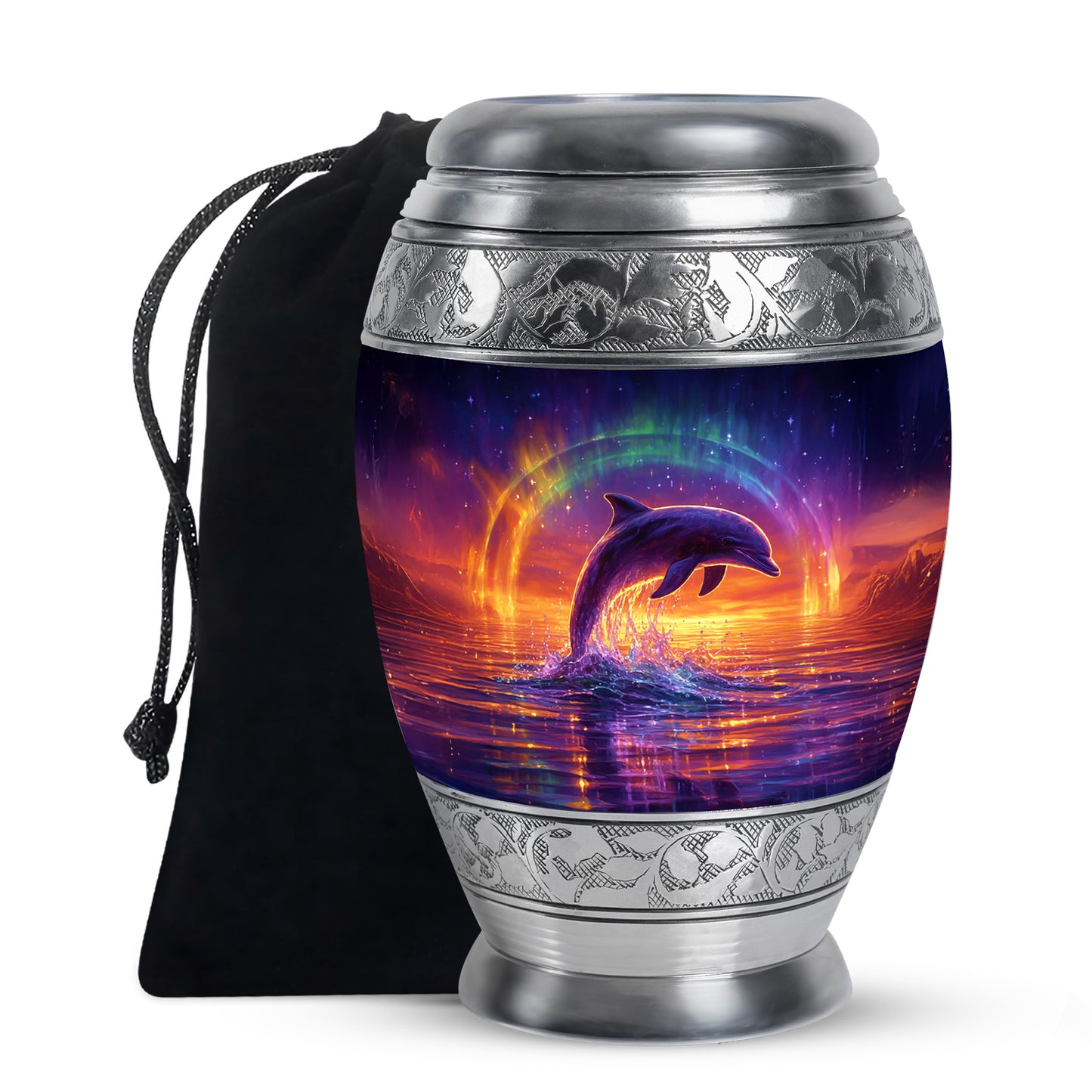 Misty Blue Dolphin Cremation Urn back view with polished surface - regal dolphin design with crown-inspired accents - full-size 10 inch 200 cubic inch adult cremation urn